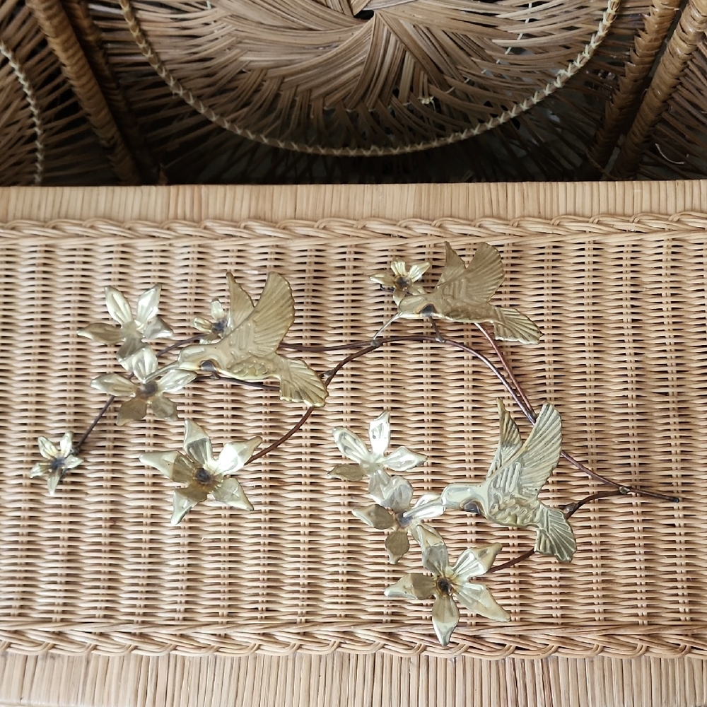 Vintage MCM Art Wall Hanging Decor Hummingbirds Flowers Branches Brass Copper